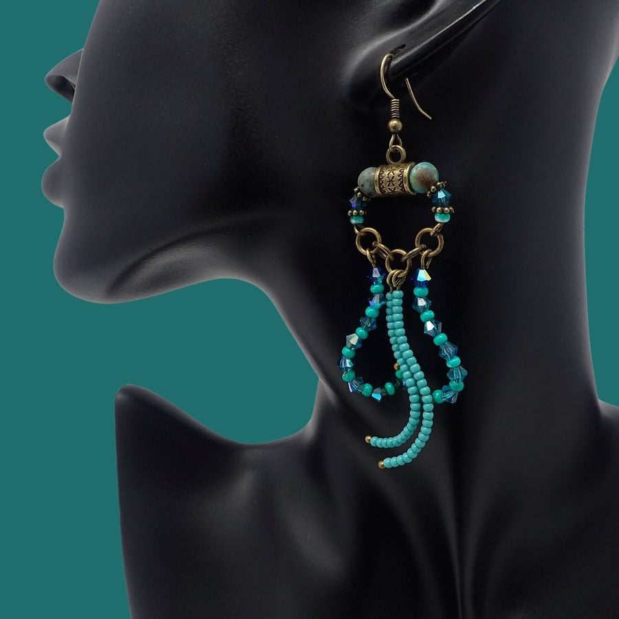 Blue Beaded Statement Dangle Earrings with sparkly Crystals and Gemstone beads