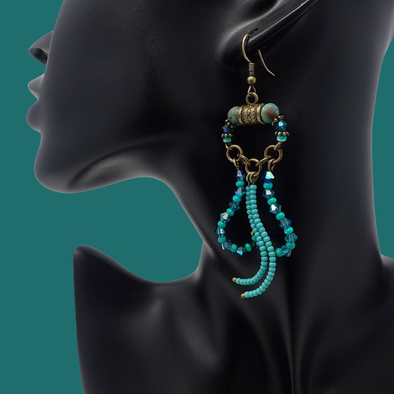 Blue Beaded Statement Dangle Earrings with sparkly Crystals and Gemstone beads