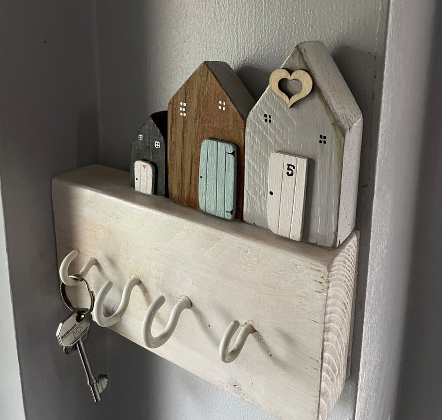 Key Holder with Little Wooden Houses. Handmade new home gift