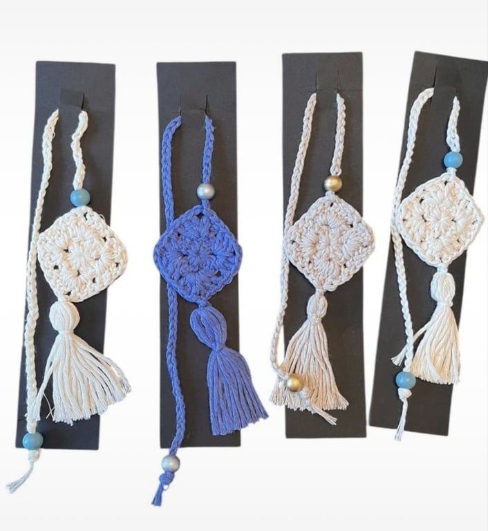 Set of 4 Hand-Crocheted Granny Square Bookmarks – Off-White & Blue Cotton Blend 