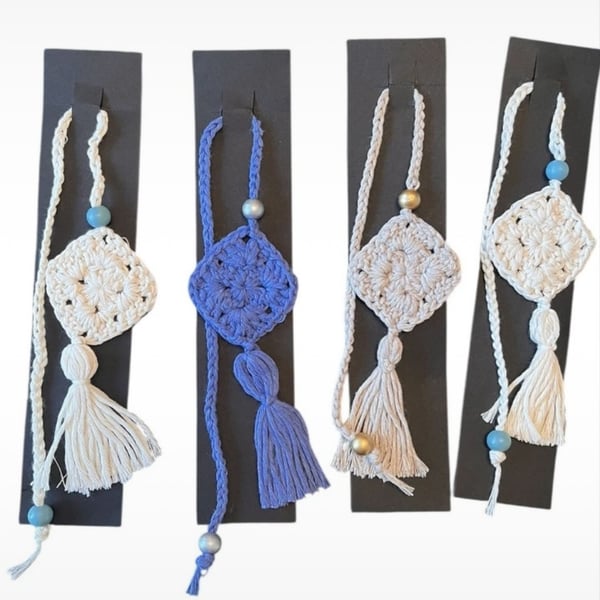 Set of 4 Hand-Crocheted Granny Square Bookmarks – Off-White & Blue Cotton Blend 