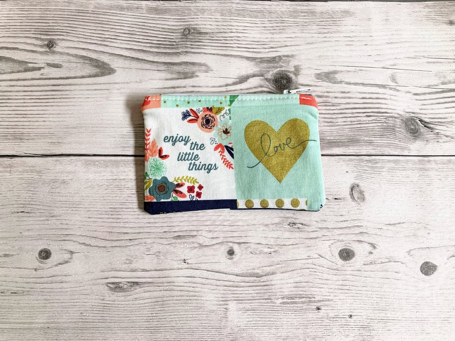 Enjoy the little things & Love zipped cotton fabric coin purse.