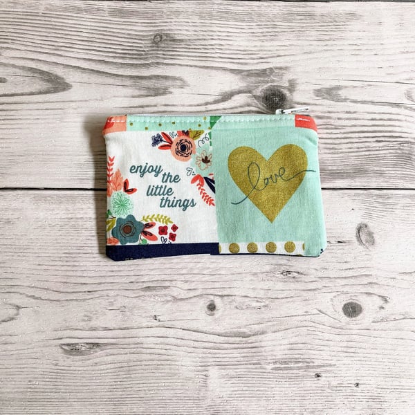 Enjoy the little things & Love zipped cotton fabric coin purse.