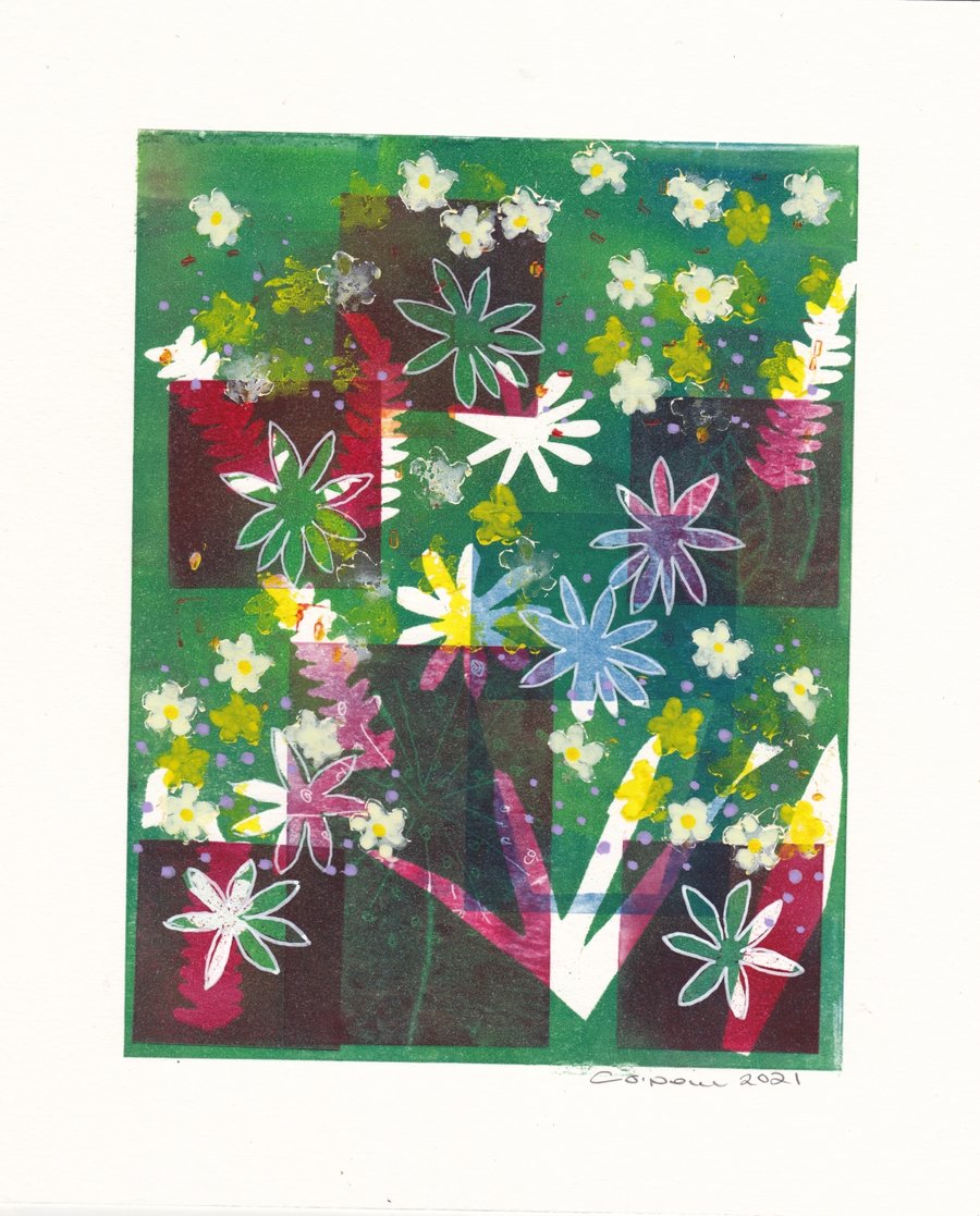 Emerald Garden Monoprint with acrylic - original artwork