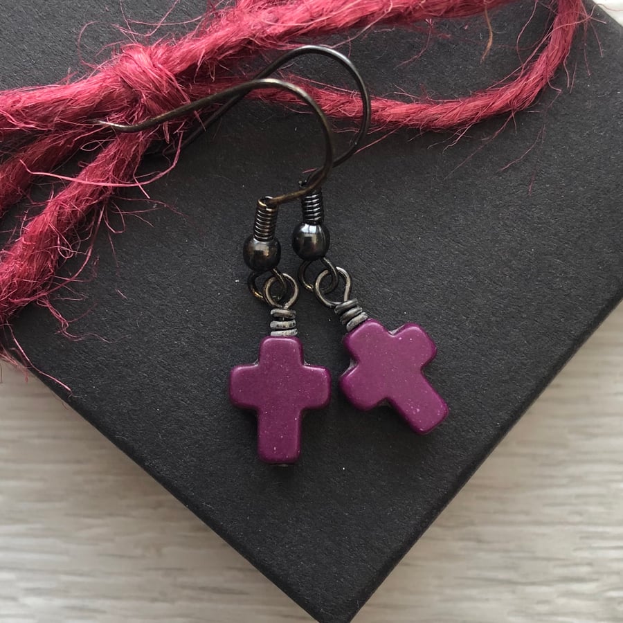 Purple Howlite Cross Earrings. Black Brass Earrings