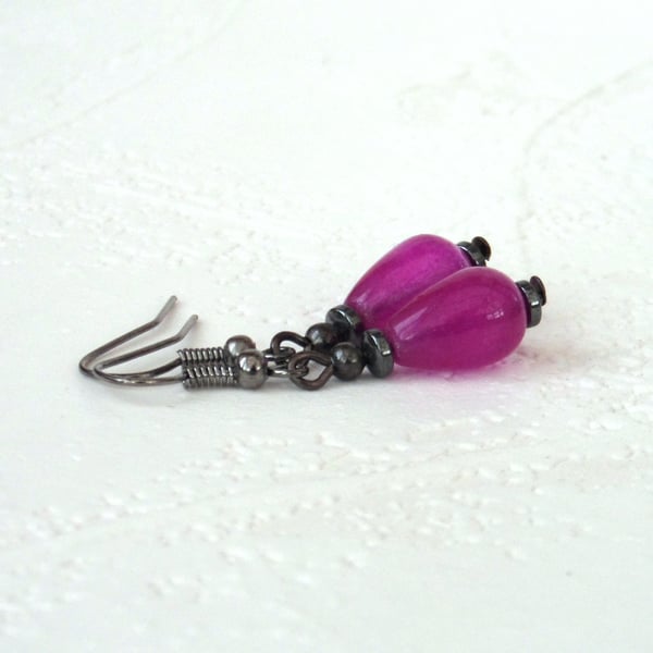 Pink chalcedony teardrop and hematite earrings