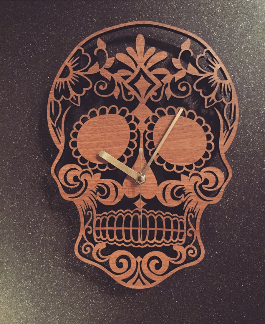 Walnut Veneered Sugar Skull Wall Clock
