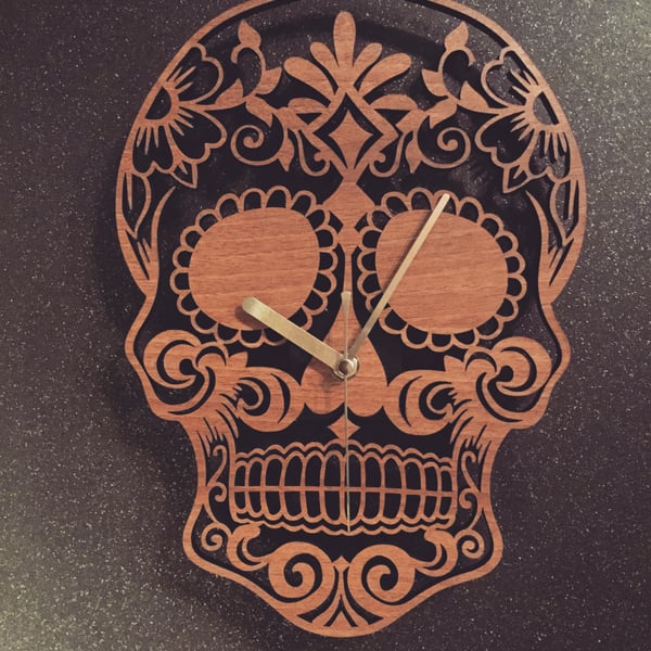 Walnut Veneered Sugar Skull Wall Clock