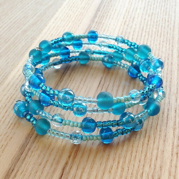 Seas of Blue Glass Bead Spiral Bracelet
