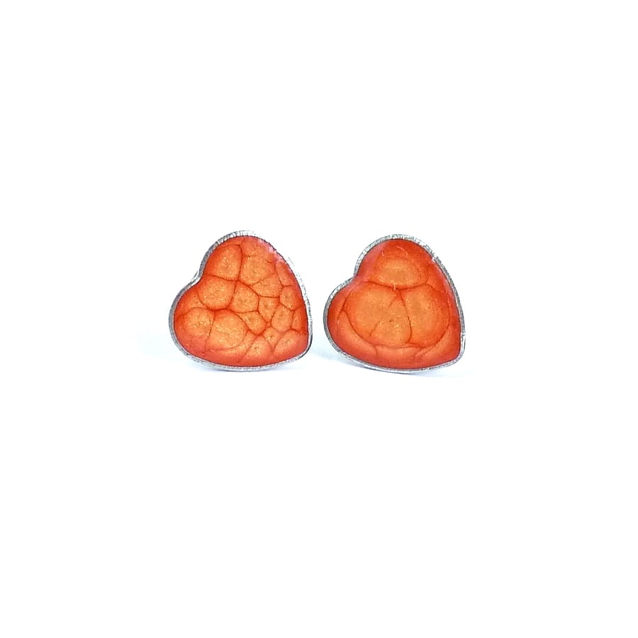 Dainty bright orange Heart Studs, enamel and steel heart-shaped stud earrings