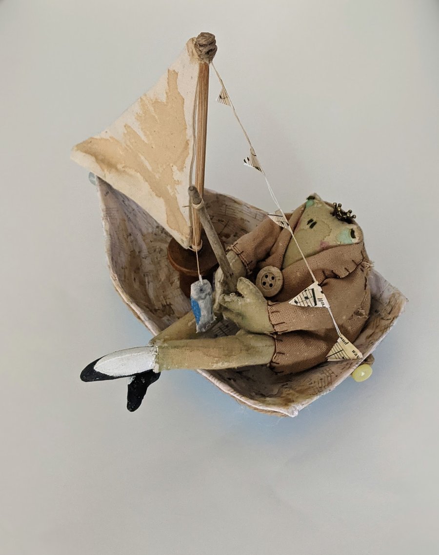 Handmade frog in a boat mixed media art sculpture