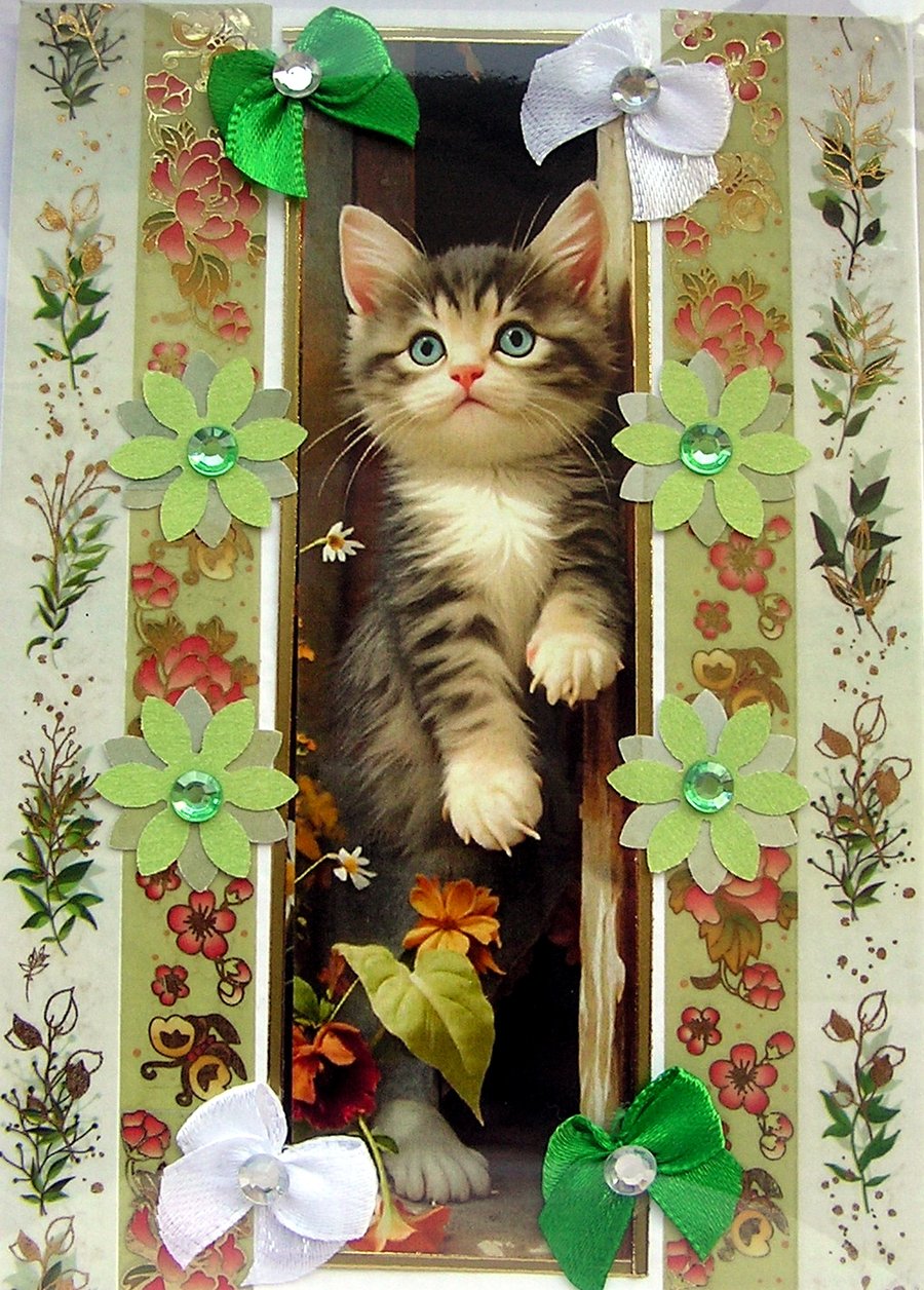 Tabby Fluffy Kitten Cat - Hand Crafted Decoupage Greeting Card - Blank - 3175