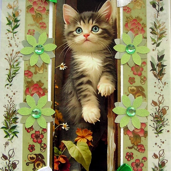Tabby Fluffy Kitten Cat - Hand Crafted Decoupage Greeting Card - Blank - 3175