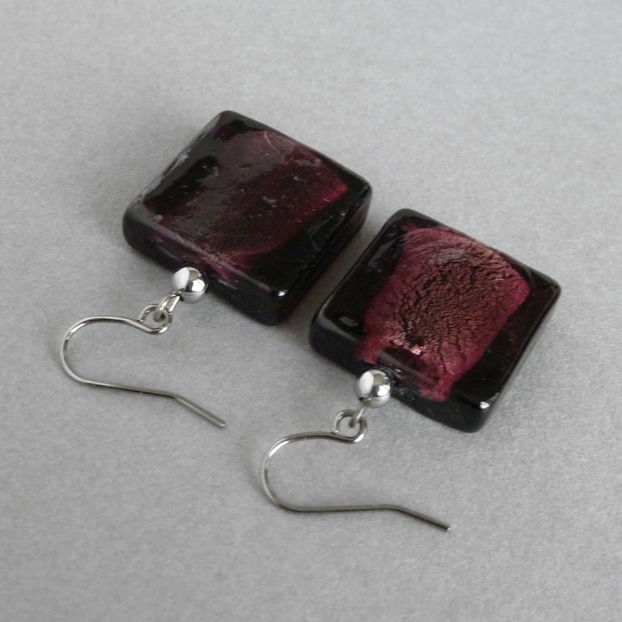 Large Dark Purple Square Drop Earrings - Big Plum Fused Glass Dangle Earrings