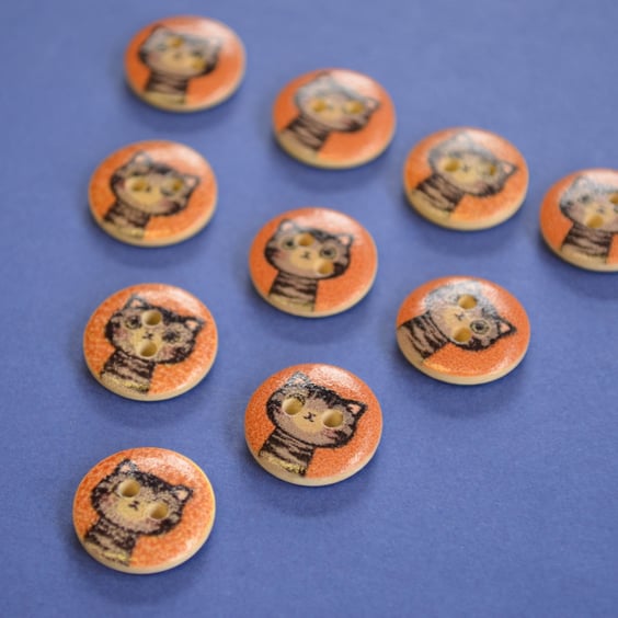 15mm Wooden Tabby Cat Buttons Brown Grey 10pk Pussy Kitten Kitty (SCT11)