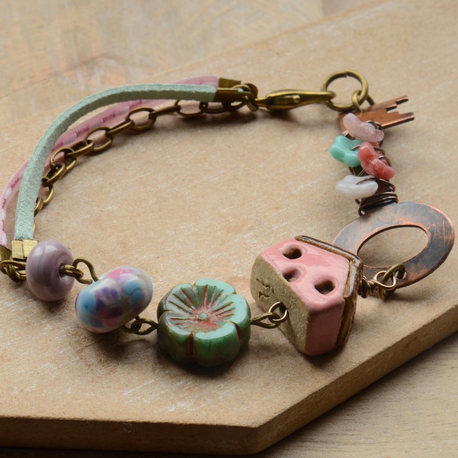Copper Beaded Key Bracelet with Pink House, Lampwork & Czech Beads