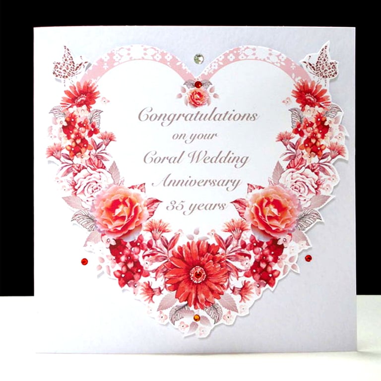 A Luxury 35th Wedding Anniversary  - Coral Floral Heart- Handmade Card 