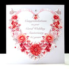 A Luxury 35th Wedding Anniversary  - Coral Floral Heart- Handmade Card 