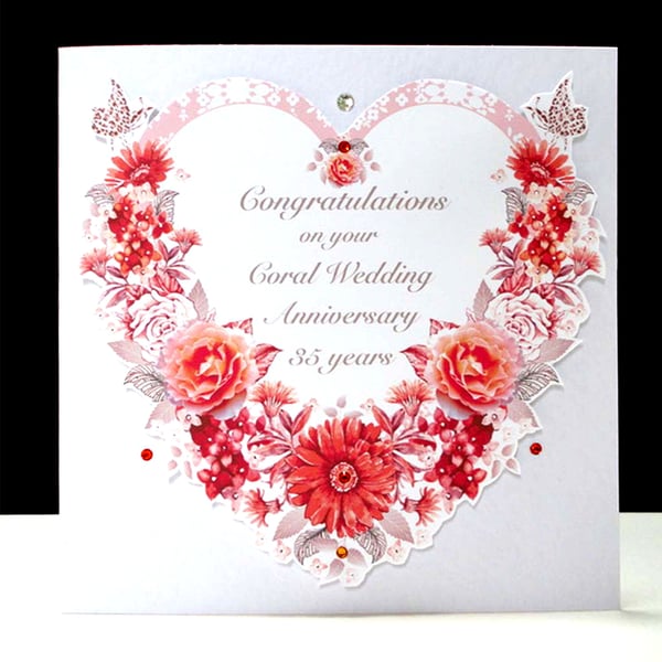 A Luxury 35th Wedding Anniversary  - Coral Floral Heart- Handmade Card 