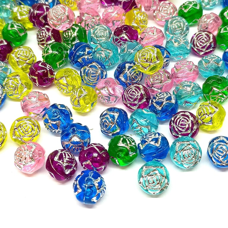 8mm Round Rose Acrylic Beads with Silver Detail, 100pcs Flower Beads for Jewelle