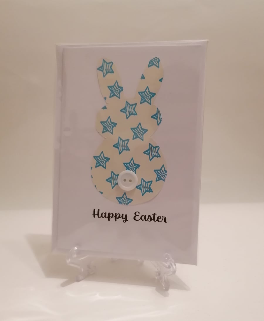 Happy Easter blue stars rabbit with button greetings card 