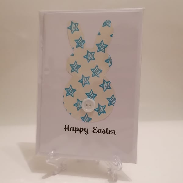 Happy Easter blue stars rabbit with button greetings card 