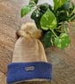 Beige and Royal Blue Ladies' Knitted Bobble Hat - Handmade with Faux Fur Pom Pom - Image 5