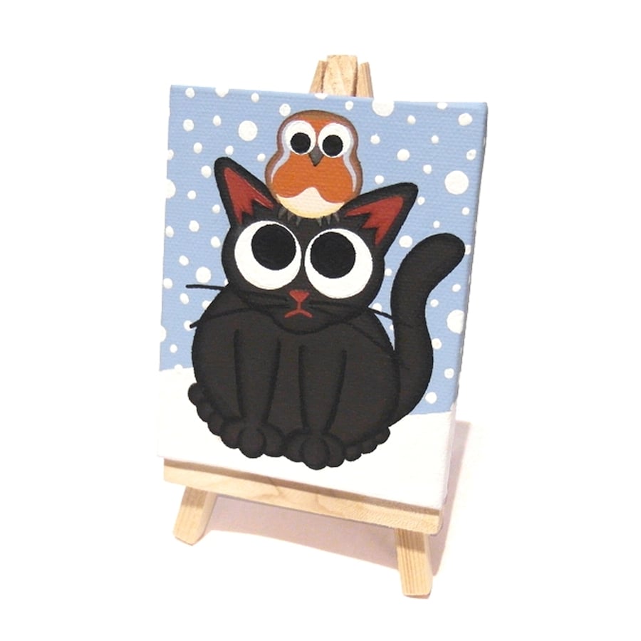 Sold Cat and Robin Original Mini Painting