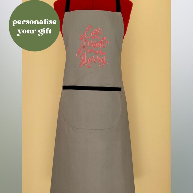 Chef Style Apron In Grey Embroidered with 'Eat Drink & Be Merry'