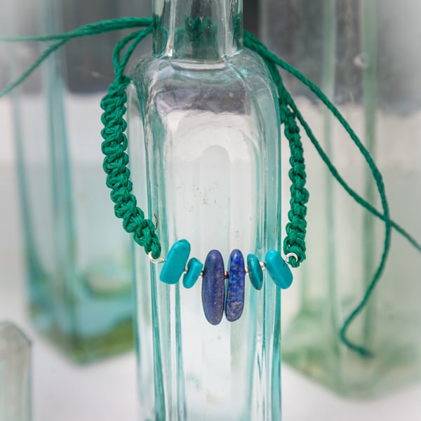 Turquoise and Lapis Lazuli Beaded Hemp Macrame Bracelet