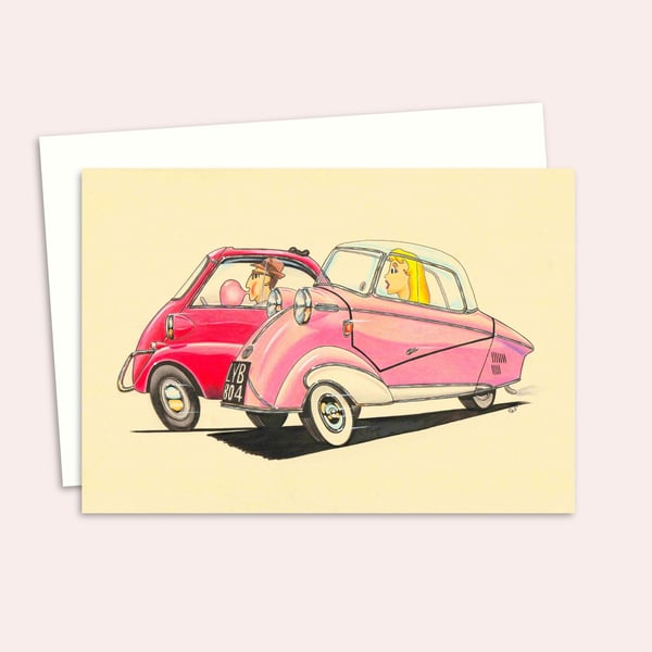 Fifties Bubble Cars Greeting Card: Retro Car Illustration - Blank Inside (318)