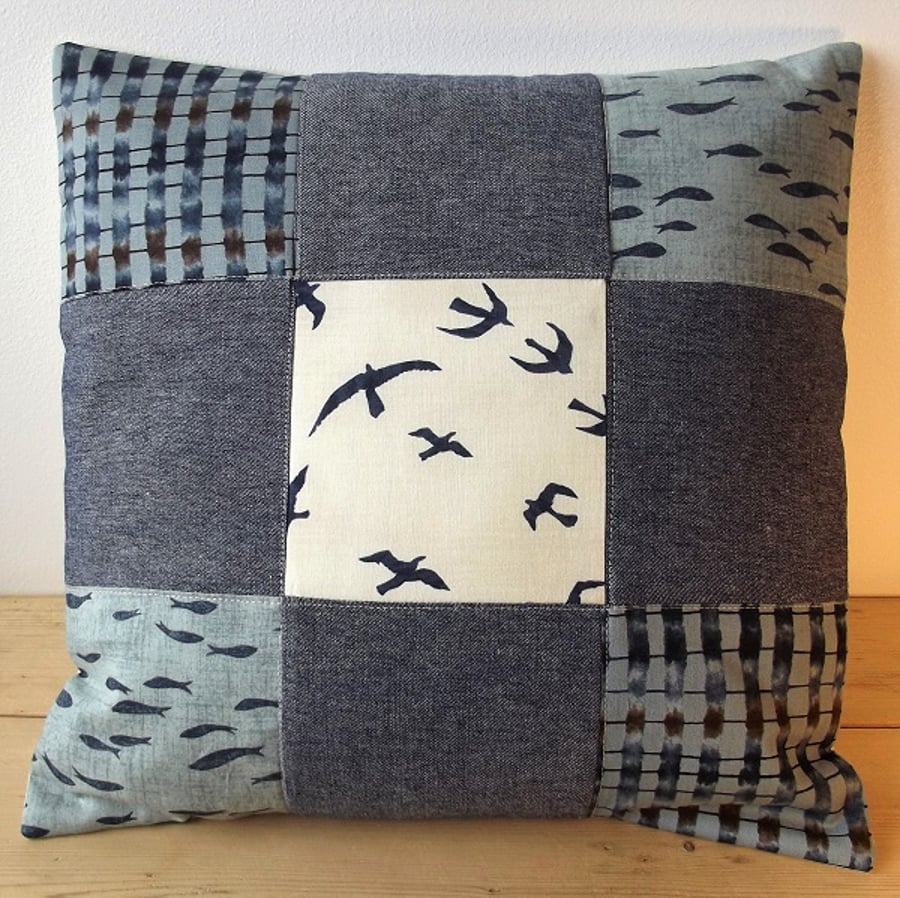 Quilted cushion cover with seagulls and fishes - slate grey