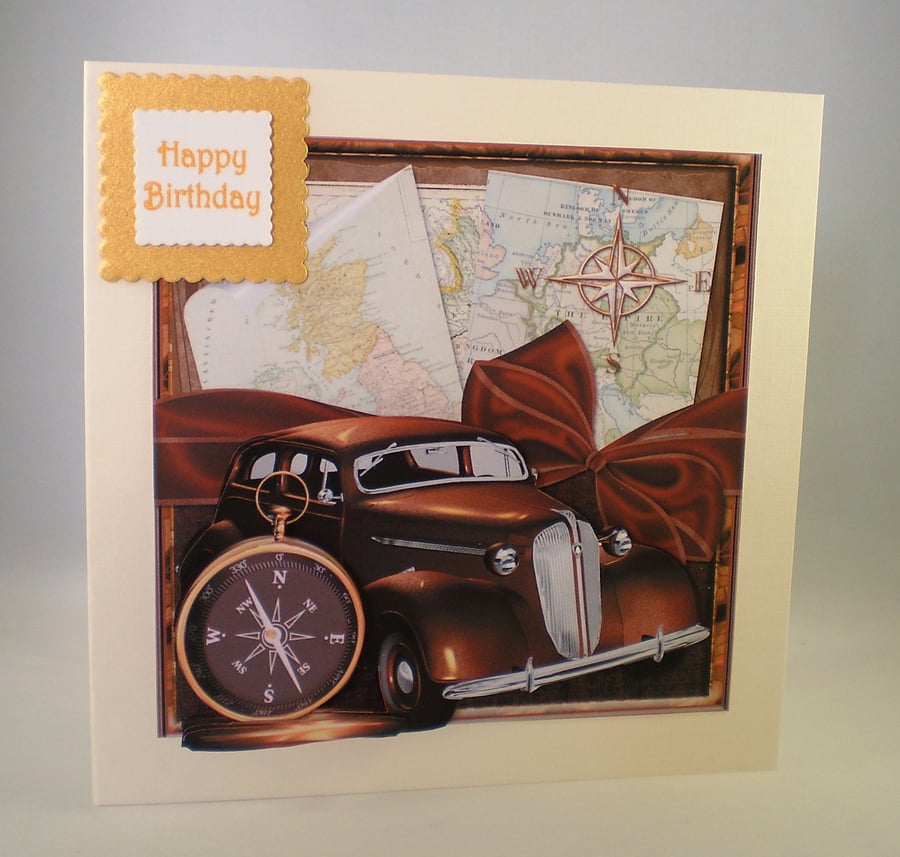 Handmade Old Car Birthday Card, male,3D,Personalise
