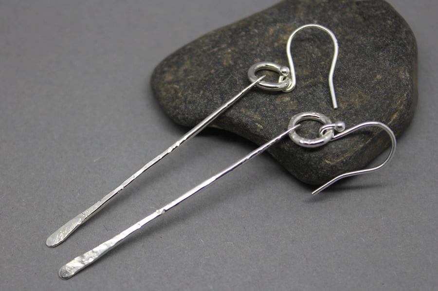 Long silver stick earrings, Hammered silver earrings