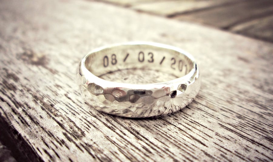 HAMMERED CHUNKY - solid Silver ring,words on inside, unisex, chunky wedding ring