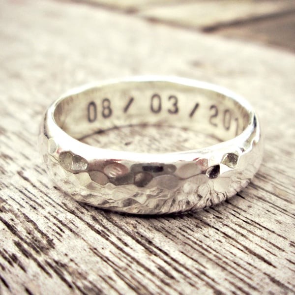 HAMMERED CHUNKY - solid Silver ring,words on inside, unisex, chunky wedding ring