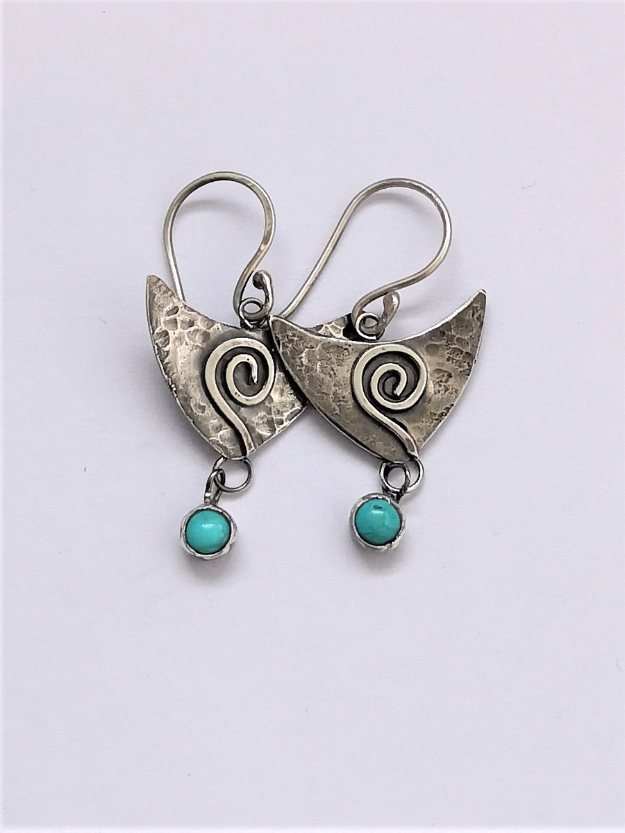 Recycled sterling silver earrings - hammered silver with turquoise drops