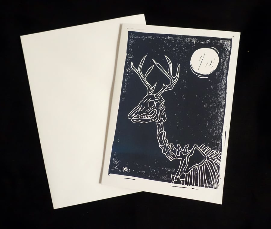 Skeletal Reindeer Alternative Christmas Card, Lino Print, Blue White, A6 Print