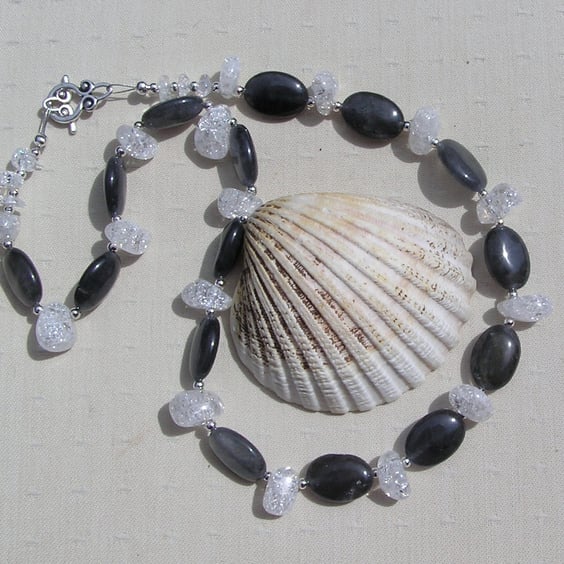 Clear Quartz & Grey Tourmaline Gemstone Statement Necklace "Night Sparkle"