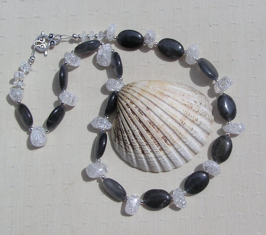 Clear Quartz & Grey Tourmaline Gemstone Statement Necklace "Night Sparkle"