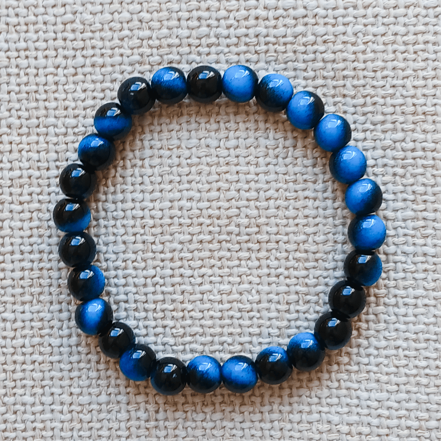 Ladies Blue Tiger's Eye Elastic Bead Bracelet