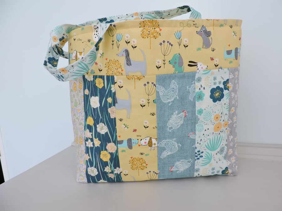 SALE now 10.00 Patchwork Tote Bag  Aqua Teal Yellow and Grey