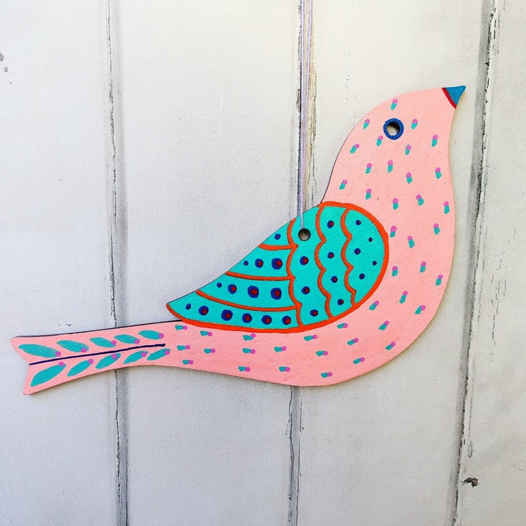 Hand painted wooden bird hanging, pink bird wall art, hanging decoration