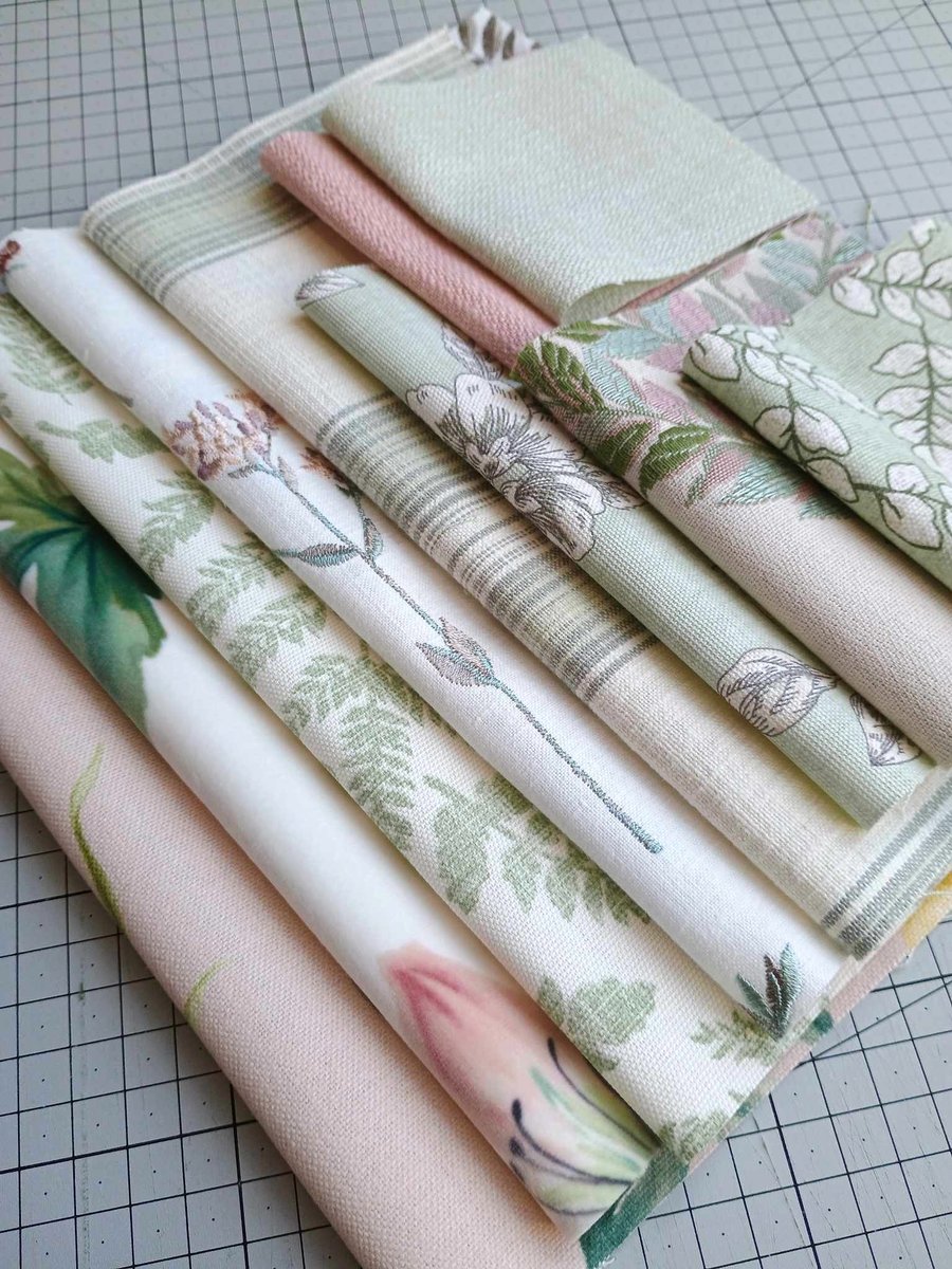 Craft fabric bundle - Pink and Mint Green botanical reclaimed curtain samples 