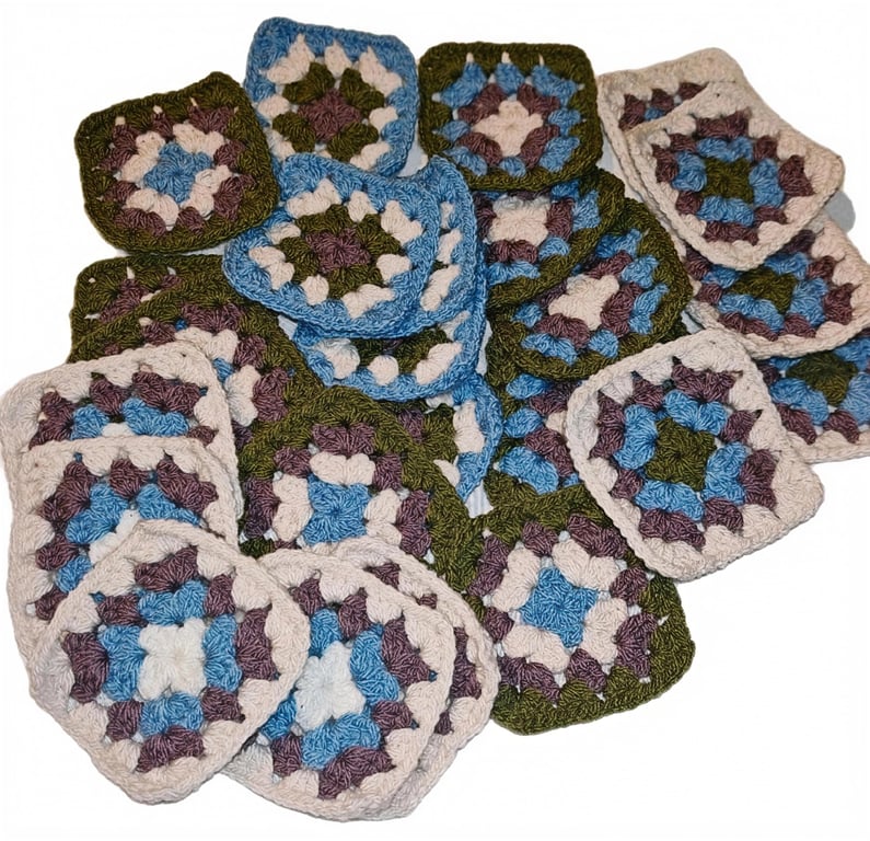 Handmade 3" Crochet Granny Squares in Boho Blues, Greens & Neutrals