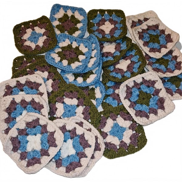 Handmade 3" Crochet Granny Squares in Boho Blues, Greens & Neutrals