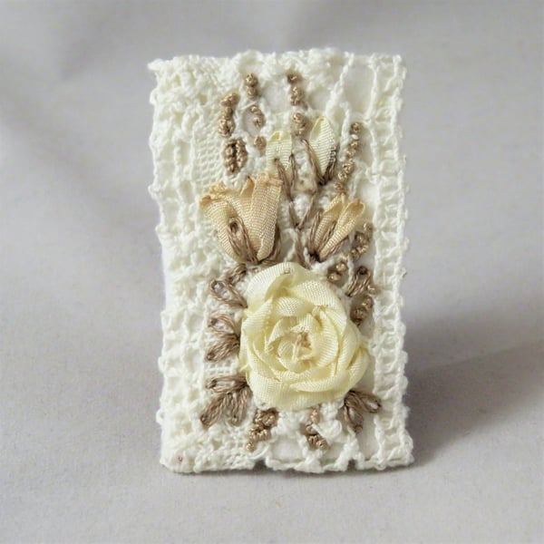 Embroidered Brooch Cream Silk Roses on Vintage lace