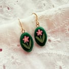 Dainty Pink Floral Oval Emerald Green Earrings - FREE DELIVERY