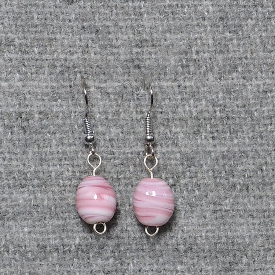 Pink and White Glass Swirl Round Bead Earrings