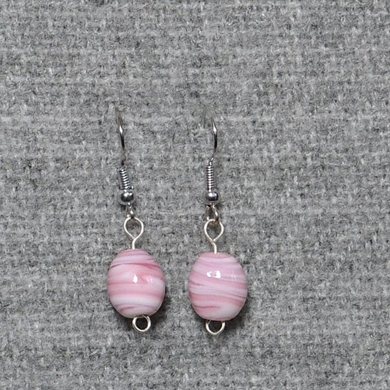 Pink and White Glass Swirl Round Bead Earrings